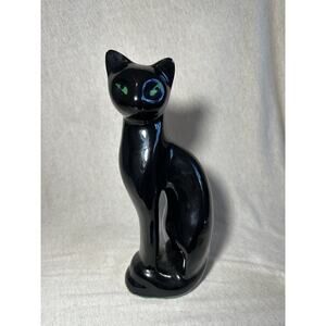 Vintage 10" Black Ceramic Cat Figurine Statue Green Eyes MCM Taiwan